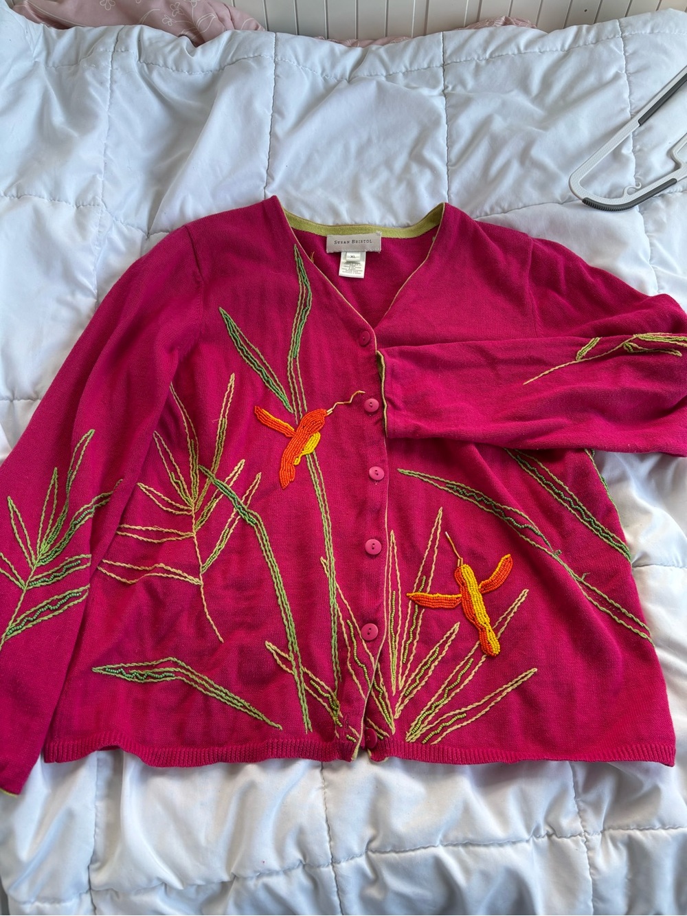 Susan Bristol Beaded Hummingbird Cardigan Pink Hand Embroidered Vintage XL Boho